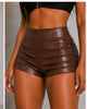 Ruched Faux Leather Shorts (Brown)